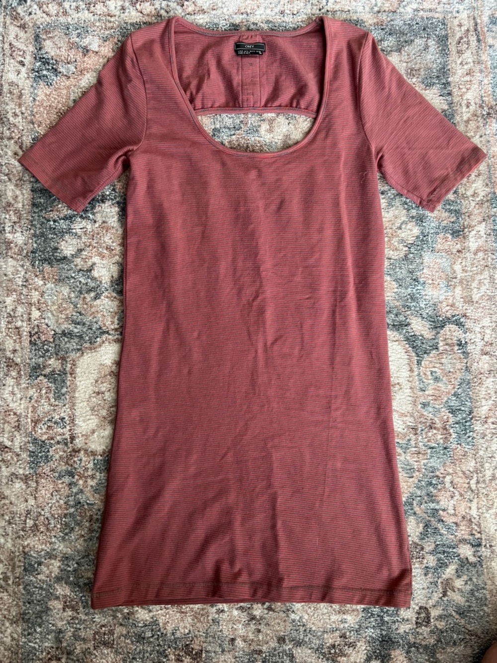 Obey Striped Scoop Neck Mini Dress - Red and Gray